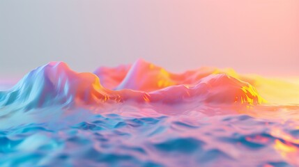 3D minimal landscape with a gradient sunset over abstract, multicolored ocean waves.