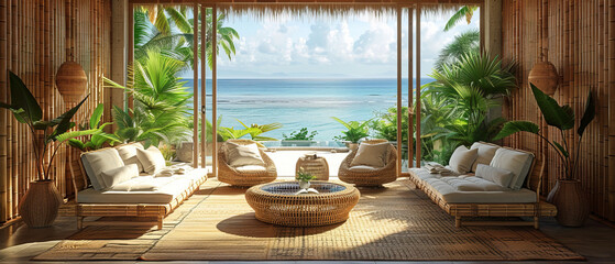 Fototapeta premium Living area of a tropical residence with bamboo furniture and a view of the ocean, octane , ,