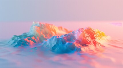 3D minimal landscape with a gradient sunset over abstract, multicolored ocean waves.