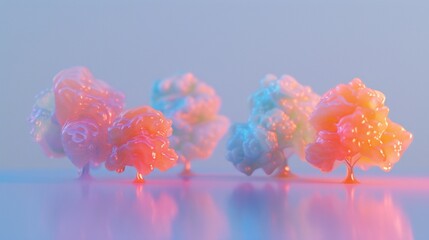 Bright 3D minimal forest with simple tree shapes in various hues, set against a light blue sky.