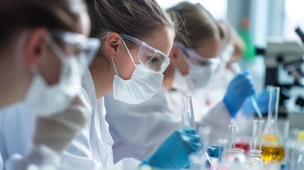 A group of concentrated researchers utilizing a microscope and other lab tools for scientific analysis