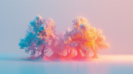 Bright 3D minimal forest with simple tree shapes in various hues, set against a light blue sky.