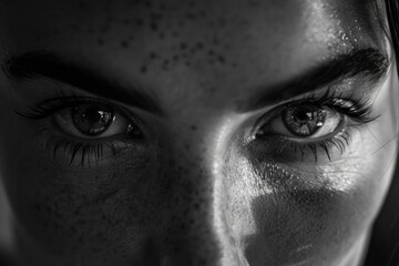 Close-up portrait of a woman's face showing her eyes and freckles, suitable for use in beauty, lifestyle or personality-related content