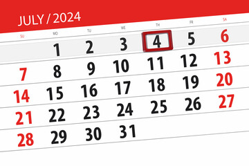 Obraz premium Calendar 2024, deadline, day, month, page, organizer, date, July, thursday, number 4