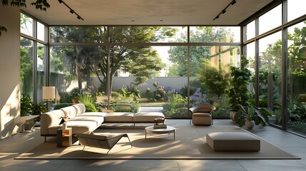 A sunroom with a modern minimalist design, featuring sleek furniture, neutral tones, and large windows offering a view of the garden