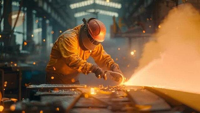 A focused metalworker cutting steel in a foundry