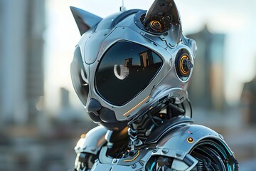 Fototapeta premium Anthropomorphic Cat Robot:Advanced Mechanical Construct with Articulated Limbs and Expressive Digital Personality