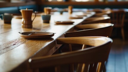 A wooden table set with plates and bowls for dining or gathering