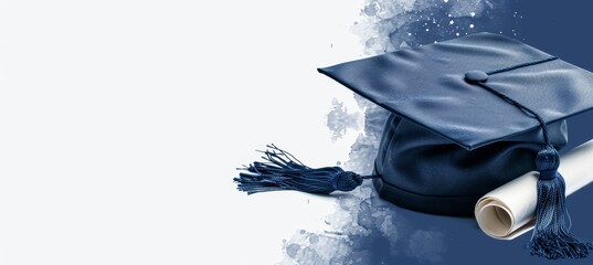 Graduation cap and diploma banner on blue background with ample space for elegant celebration