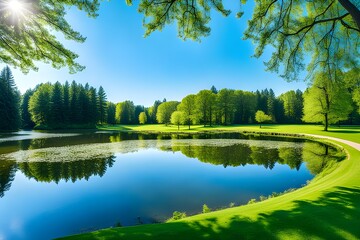 city park with very beautiful pond