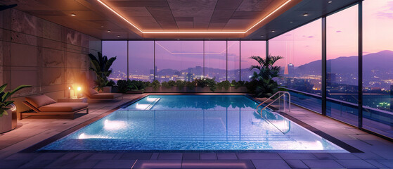 Luxury rooftop pool with neon ambient lighting and minimalistic design