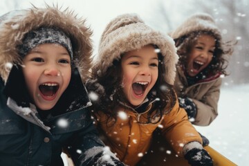 Group of kids having fun sledding on a snow-covered slope, perfect for winter themed projects and images