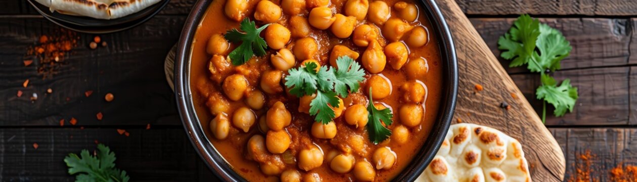 Top view of a bowl of chole chickpea curry garnished with fresh coriander and ginger, served with a side of bhature fried bread