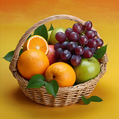 Various summer fruits: oranges, apples, strawberries, grapes in wicker basket.Generative AI