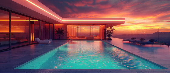 Luxury rooftop pool with neon ambient lighting and minimalistic design