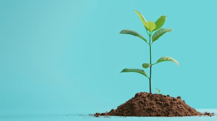 A small sapling sits to the right in a small mound of soil on a pure sky blue background