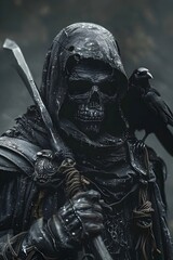 Fototapeta premium Personification of Death - Skull-faced Grim Reaper with Crow and 3D