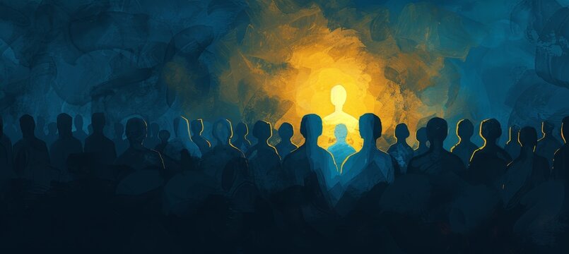 Yellow figure standing out among dark crowd  brand differentiation and competition stand out concept