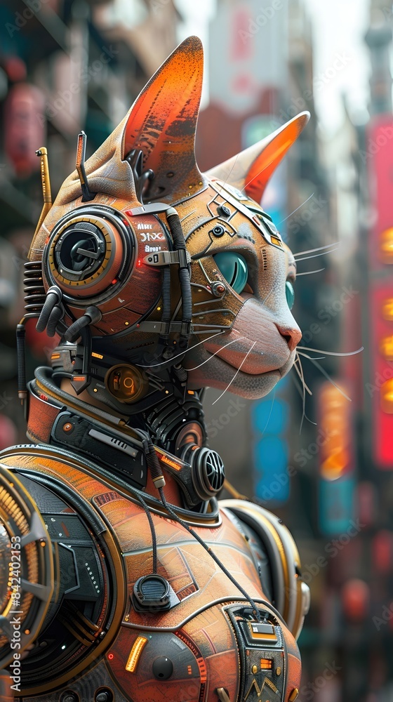 Poster Retro-Futuristic Mechanical Cat Avatar in Vibrant Pop Art Cityscape