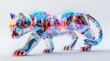 Obraz premium Retrofuturistic Chrome Feline Robot with Holographic Fur and Expressive Animated Features