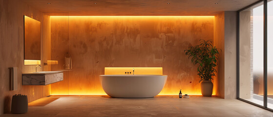 Minimalist bathroom with neon wall lights and upscale finishes