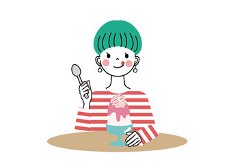 かき氷を食べている女性