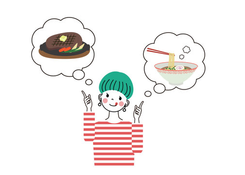 ステーキとラーメン、どっちを食べようかと楽しそうに考えている女性