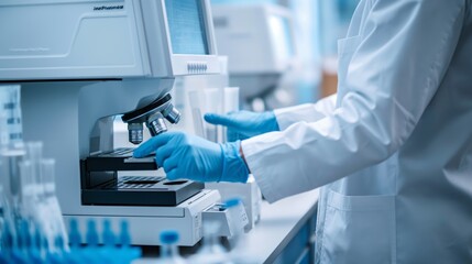 Hands of a scientist adjusting sophisticated laboratory equipment while conducting research