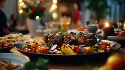 Fototapeta premium A plate of food on a table with people in the background, suitable for use in lifestyle or dining-related contexts