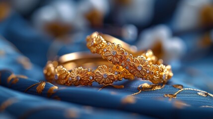 Two Gold Bangles With Floral Design On Blue Fabric