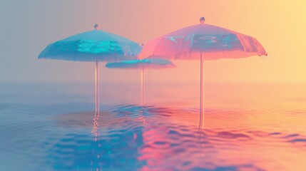 Obraz premium Iridescent waves, blue background, beach umbrellas, reflective effect, tranquil composition.