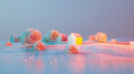 Minimalist 3D landscape of a rolling countryside with brightly colored barns and fields.