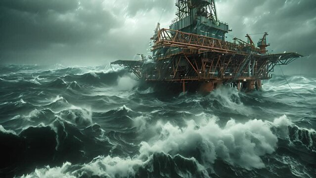 An offshore oil rig stands firm amidst rough seas and heavy rain