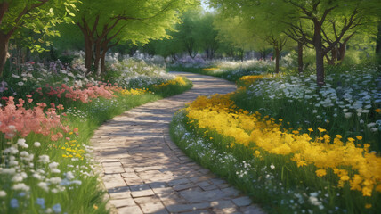 Obraz premium Symphony of the Spring Breeze: Meandering along garden paths where the delicate spring breeze orchestrates a melody of rustling leaves and blooming flowers, Generative AI
