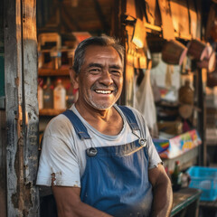 Obraz premium adult Latin Business owner working infront of their shop smiling during sunrise 