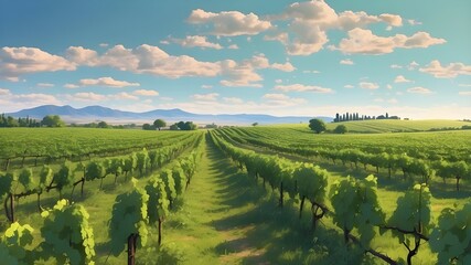 Fototapeta premium A verdant meadow including rows of vines for picking. ripe grapes used to make high-quality wines. AI generative.