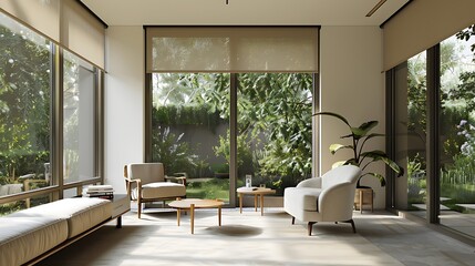 Fototapeta premium A sunroom with a modern minimalist design, featuring sleek furniture, neutral tones, and large windows offering a view of the garden