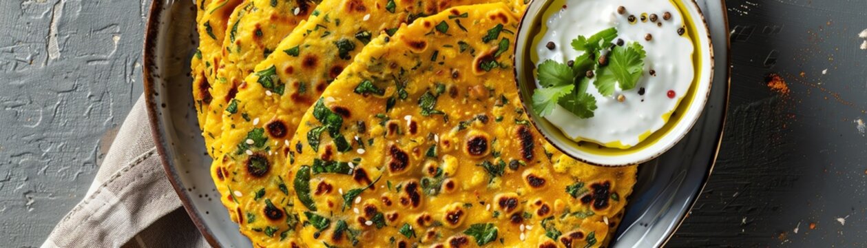 Top view of a plate of methi thepla, showcasing fenugreek flatbreads served with yogurt and pickle, garnished with fresh herbs