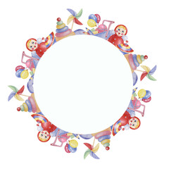 Toys circle frame template, doll with pinwheel, humming top, balloons, blue cart and pencils. Watercolor play objects for birthday, gender reveal, baptism, birth announcement card, playdate invitation