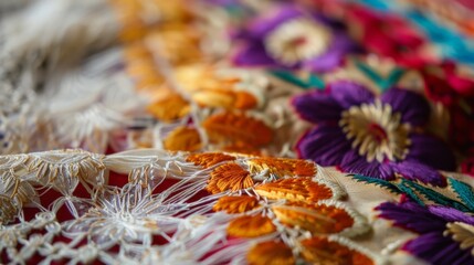 Close-up of a Paraguayan ao poâ€™i embroidery, highlighting the delicate lace work and cultural pride.