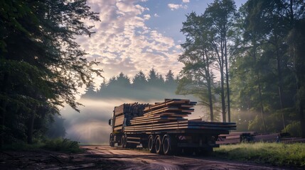 Obraz premium A serene morning in the forest shows neatly stacked wooden boards on a truck amid a rising mist.