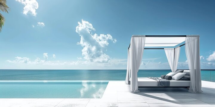 A luxurious outdoor daybed by an infinity pool overlooking the ocean on a sunny day, perfect for relaxation and beach vacations.