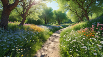 The Awakening Breeze: Walking along sun-dappled paths as the invigorating spring breeze breathes life into the awakening flora, Generative AI