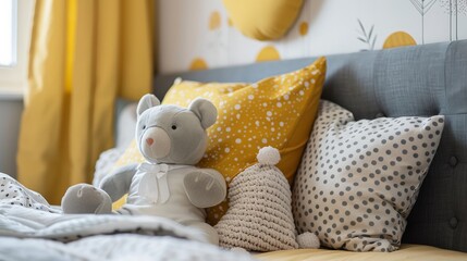 A cozy bed with a teddy bear and pillows in a bright, sunny room.