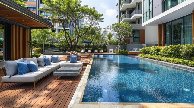 Modern residential buildings or apartment complexes with swimming pools and outdoor facilities, and new low-energy houses.