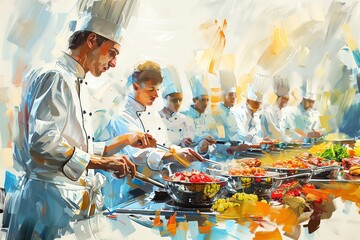 Gourmet cooking demonstration in Paris with Olympic chefs, midday, digital painting, vibrant scenes