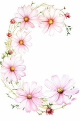 cosmos themed frame or border for photos . delicate pink and white flowers. watercolor illustration,  white color background.
