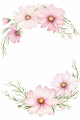 Fototapeta premium cosmos themed frame or border for photos . delicate pink and white flowers. watercolor illustration, white color background.