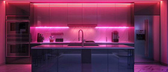 Minimalist kitchen with neon accents and highend appliances
