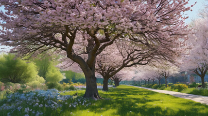 Obraz premium Spring's Gentle Touch: Experiencing the serene embrace of the spring breeze as it softly rustles through budding trees and blooming gardens, Generative AI